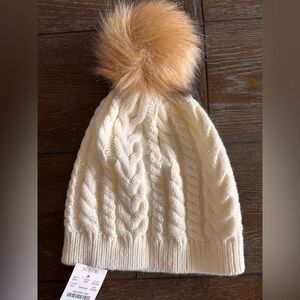 J. Crew Ivory Cable Knit Hat with Tan Pom-Pom